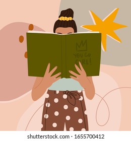 Cute dark haired girl reading a Book while standing. You go girl sign. Young woman. Beautiful dotted pants. Read more books concept. Hand drawn Vector trendy illustration with abstract background