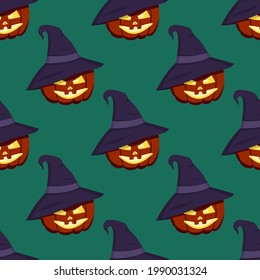 Cute dark pattern with pumpkins, a face with a smile or a grin and a hat. Halloween party decoration. Autumn October print on a green background. Festive element for paper, textile, holiday and design
