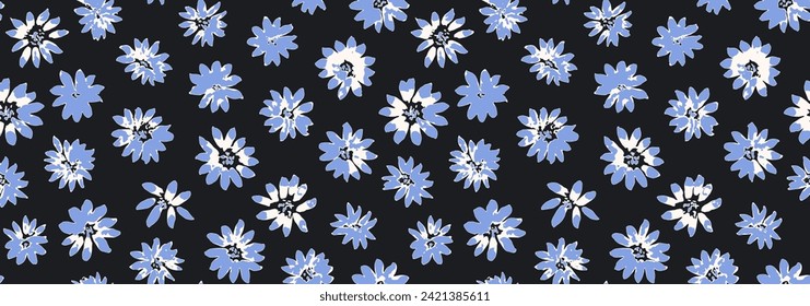 Cute dark seamless pattern with hand drawn blue and white textured daisy flowers. Sketch vector floral texture with abstract blossoms for textile design, spring banner, wallpaper