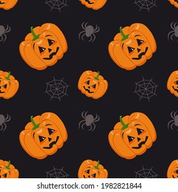 Cute dark seamless pattern with pumpkins, cobwebs and spiders. Halloween party decoration. Vegetable print with a smirk. Festive background for paper, textile, holiday and design. Vector illustration.