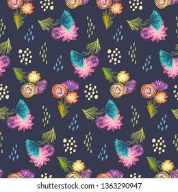 Cute dark sketchy seamless pattern with orange, blue and pink flowers bouquets. Childish scandinavian floral texture for textile, wrapping paper, surface, wallpaper
