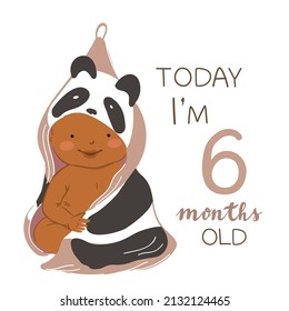 Cute dark skin baby sits in a towel after a bath. Vector illustration of a baby 1-12 months old. Milestone card today i am 6 months old. African american children.