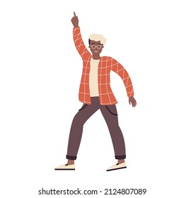 Cute dark skin boy with glasses dancing. Happy teenager having fun and celebrating cartoon vector illustration