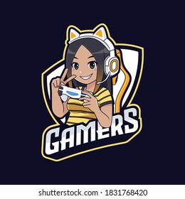 Cute dark skin gamer girl cartoon logo