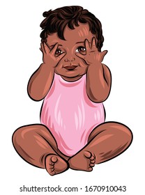 Cute dark skinned baby sitting. Happy smiling kid. Pink bodysuit. Black hair and pretty brown eyes. Color vector illustration.