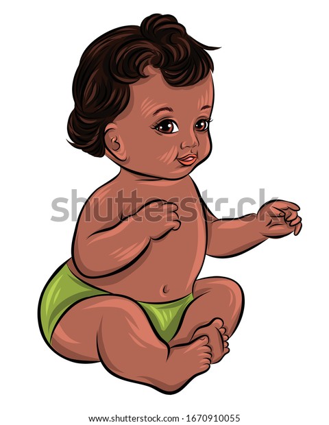 かわいい色黒の赤ちゃんが座ってる 幸せな笑顔の子 黒い髪と綺麗な茶色の目 色のベクター画像イラスト のベクター画像素材 ロイヤリティフリー