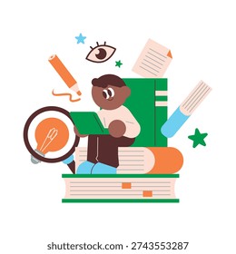 Cute dark skinned boy sitting on a stack of books using a green laptop for online learning and research concept featuring school supplies like pencil magnifying glass and light bulb in flat illustration style for educational projects over 150 characters.
