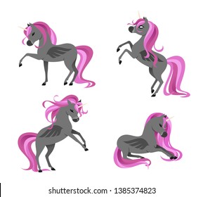 Cute dark tattooed unicorns set isolated on white background.
