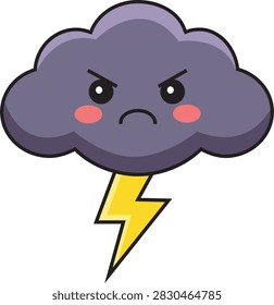 Cute dark thunderstorm cloud with a lightning bolt and expressive face in a clean hand-drawn cartoon style. Perfect for weather apps, educational materials, children's illustrations, stickers, forecast graphics, and storm-themed designs.