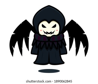 Cute dark witch mascot character with black wings cartoon vector icon illustration. Design isolated on white. Flat cartoon style.