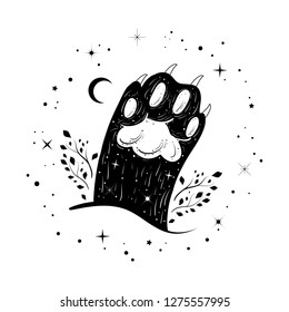 Cute dark witchy illustration with cat's paw. Tattoo art style. Gothic motifs.