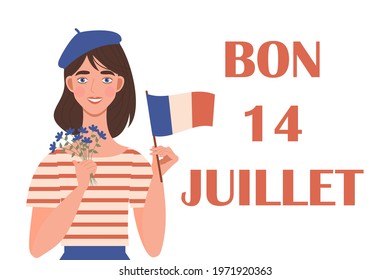 A cute dark-haired girl in a beret and sailor suit holds the flag of France and flowers. A festive illustration for the French National Celebration on July 14. Greeting card with text Bon 14 juillet