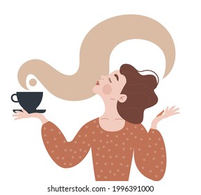 Una linda chica o mujer de cabello oscuro sujeta una taza de café u otra bebida en su mano y disfruta de su aroma. Ilustración vectorial de las bebidas.