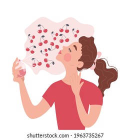 A cute dark-haired girl or woman sprays a cherry-scented perfume on herself. Enjoys the scent of cherries. Vector illustration of perfumery products