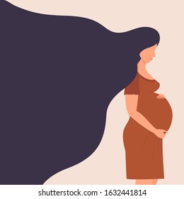 Cute dark-haired pregnant girl. A woman stands sideways and gently hugs her stomach. Hair develops. Waiting for the baby. Vector. Flat cartoon style. Place for text. Can be used as a congratulation.