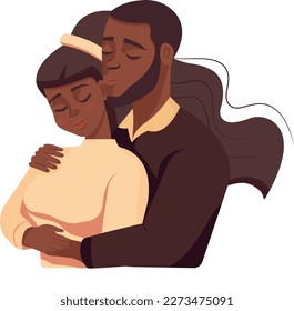 Cute dark-skinned couple in love hugging. Vector illustration for your business, banner, background, postcard, holiday