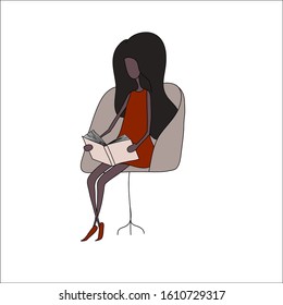 Cute dark-skinned girl, with dark hair in a red dress, in red shoes, reads a book while sitting in an armchair.
Vector illustration of hand drawing