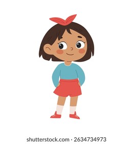 Cute dark-skinned girl in shorts. Summer vacation.  Children's illustration on white background