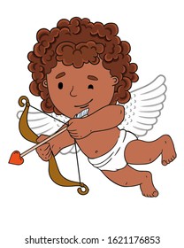 Cute dark-skinned little cartoon-style angel with a sly expression holding a bow and an arrow.