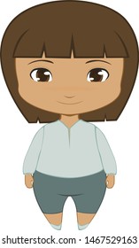 Cute dark-skinned, long-haired chibi boy in a tunic shirt and shorts, facing the screen.  Isolated vector drawing on a transparent / white background.  