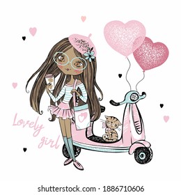 A cute dark-skinned teen girl in a pink beret stands next to her scooter with heart balloons. Valentine's day cards. Vector.