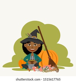 A cute dark-skinned witch sits on the floor and holds in his hands a bowl with a steaming potion. Pumpkins, fly agaric mushrooms, herbs and branches of plants, a broom for flights. Vector illustration