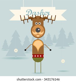 Cute Dasher the reindeer Christmas Character. Christmas vector illustration