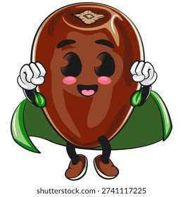 cute dates fruit mascot character as flying superhero wearing a robe, isolated vector illustration, work of hand drawn