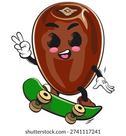 cute dates fruit mascot character jumping on a skateboard and giving a peace sign, isolated vector illustration, work of hand drawn