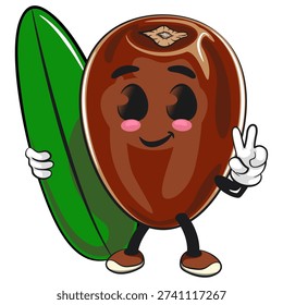 cute dates fruit mascot character with surfboard and gave a peace sign, isolated vector illustration, work of hand drawn