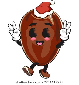 cute dates fruit mascot character with peace sign wearing a santa hat, isolated vector illustration, work of hand drawn