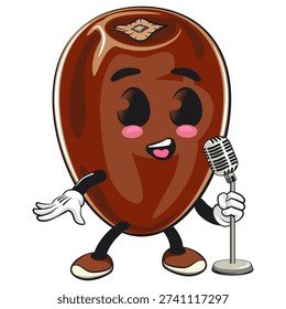 cute dates fruit mascot character on front of the mic, isolated vector illustration, work of hand drawn