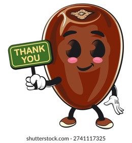 cute dates fruit mascot character carrying a sign saying thank you, isolated vector illustration, work of hand drawn