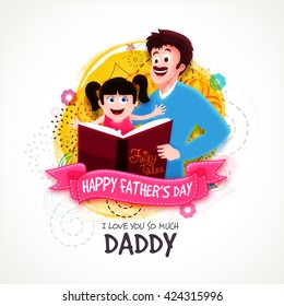 Cute daughter with her father reading fairy tales on abstract background for Happy Father's Day celebration.