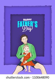 Cute daughter sitting in her father lap, father and daughter duo on purple layers background. Happy Father's Day celebration concept.