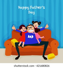 Cute daughters hugging and kissing their father on occasion of  Happy Father's Day celebration.