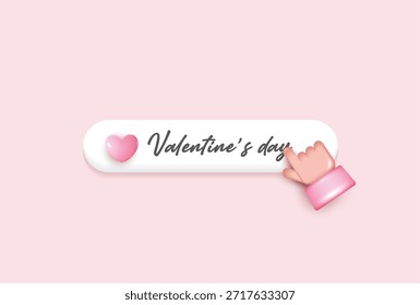 Botón lindo del día de San Valentín con el icono rosado del corazón y el Hacer clic del cursor de la mano, ilustración mínima 3D en el fondo pastel, concepto del amor para UI, Anuncio del Web, interfaz del App, promoción romántica.