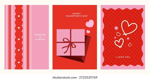 Tarjeta linda del día de San Valentín fijada en rojo y rosa con corazones, caja de regalo, mensajes románticos y patrones lúdicos. Diseño de tarjeta dulce y moderno.