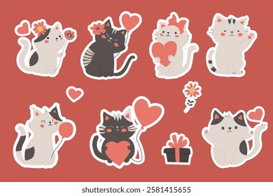 Cute Valentine’s Day cat stickers with hearts, flowers, and gifts. Adorable love-themed digital art. Kittens with heart. 