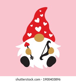 Cute Valentine’s day cupid gnome holding bow and heart arrow vector illustration.