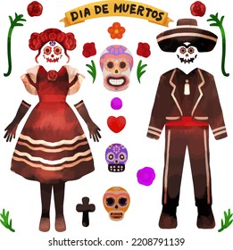 Cute day of the dead illustration set. Men and women wearing makeup. Multiple calaveras. Watercolor style vector illustration. Literally means "day of the dead"