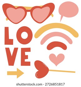 Lindo juego de garabatos del Día de San Valentín con gafas en forma de corazón y símbolos Wi-Fi para diseños digitales románticos