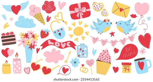 Cute Valentine’s Day Elements Collection. Hearts, Sweets, Flowers, birds, cakes. Valentine’s Day Vector Collection. Adorable Romantic Vector Elements. Perfect for Cards and Stickers