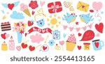 Cute Valentine’s Day Elements Set - Hearts, Sweets, Flowers, birds, cakes. Valentine’s Day Vector Collection. Adorable Romantic Vector Elements. Perfect for Cards and Stickers