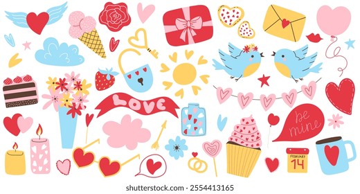 Cute Valentine’s Day Elements Set - Hearts, Sweets, Flowers, birds, cakes. Valentine’s Day Vector Collection. Adorable Romantic Vector Elements. Perfect for Cards and Stickers