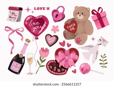 Cute Valentine’s day elements vector set. Gifts, teddy bear, balloons, hearts, box of chocolates, lock, white pigeon. Vector collection for planner, love letter, wedding, decoration, greeting card.