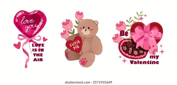 Cute Valentine’s day elements vector set. Teddy bear, balloons, hearts, box of chocolates. Vector collection for planner, love letter, wedding, decoration, greeting card.
