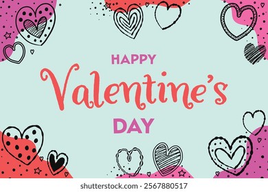 Cute Valentine’s Day greeting card with cartoon hearts. Background with hand drawn elements. Vector illustration 