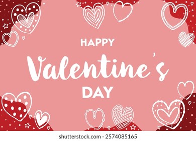 Cute Valentine’s Day greeting card with cartoon hearts. Background with hand drawn elements. Vector illustration 