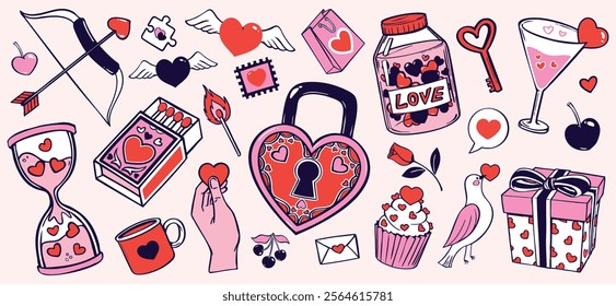 Cute Valentine’s day hand drawn illustration set. various Love and romance doodle clip art for design. hearts, romantic icons for stickers banners and cards 